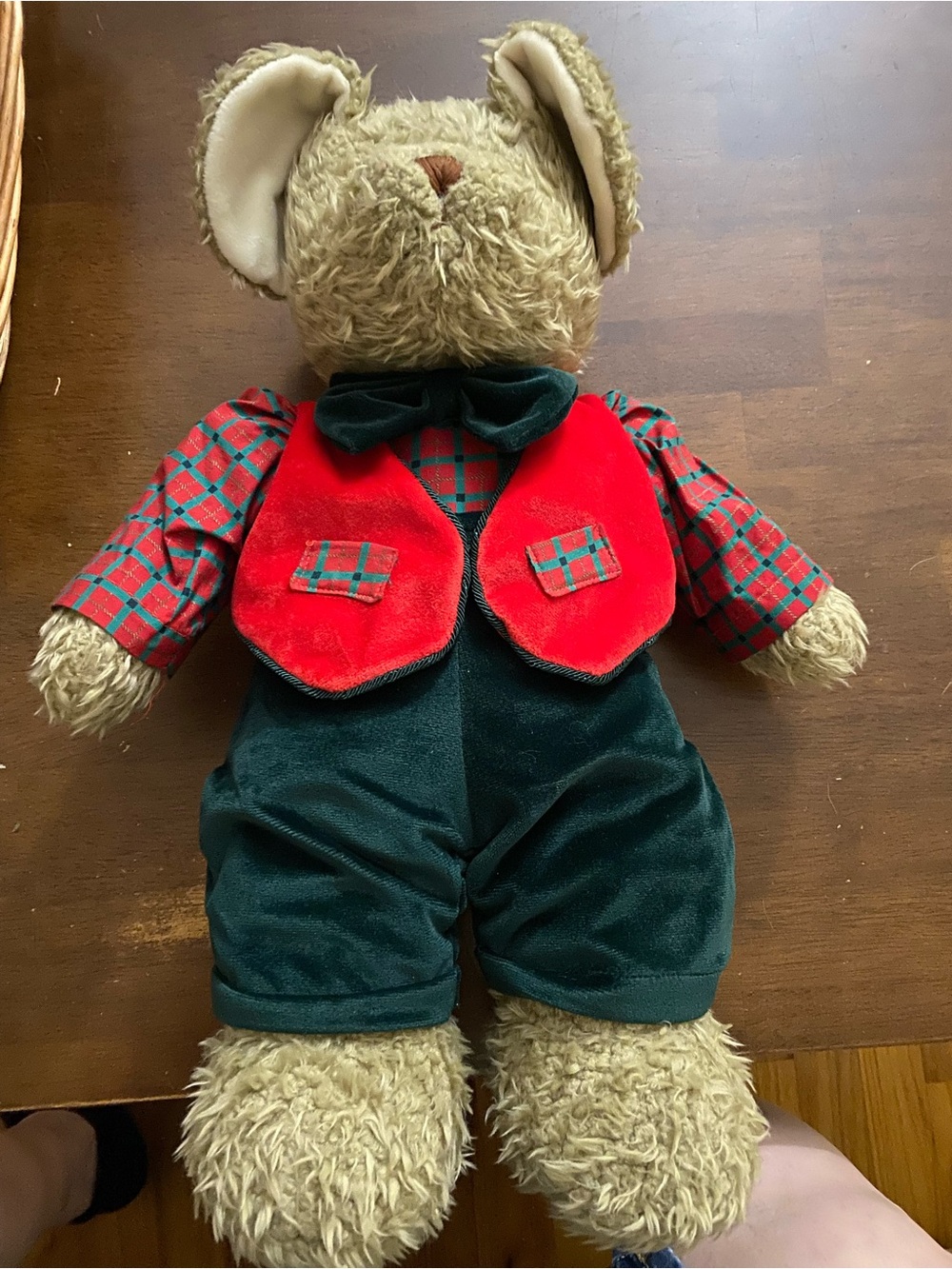 Plush Teddy Bear in Beige with Red & Green Holiday Outfit - Kids Toys